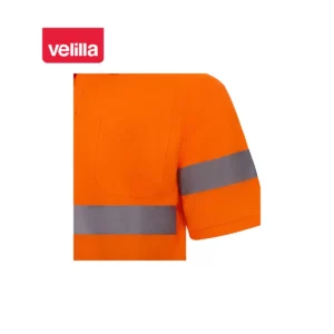 Polo de alta visibilidad Velilla 305510 naranja flúor, detalle de tejido y cinta reflectante