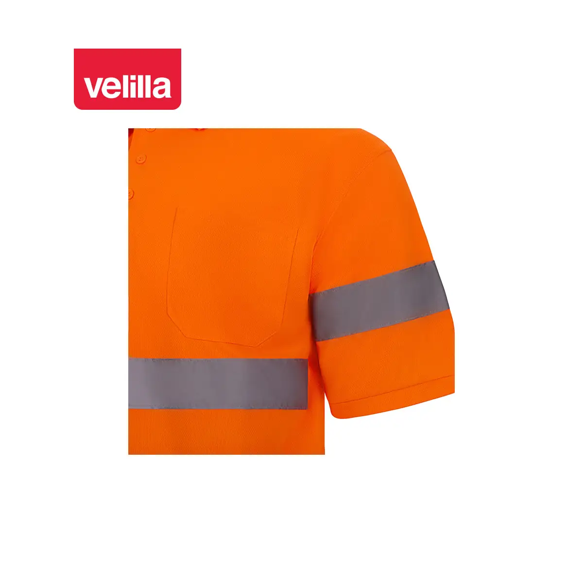 Polo alta visibilidad Velilla 305510 11 Polo de alta visibilidad Velilla 305510 naranja flúor, detalle de tejido y cinta reflectante