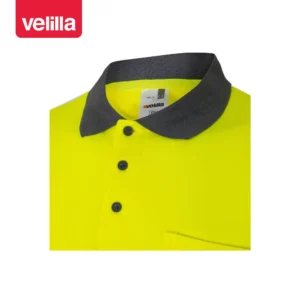 Polo bicolor manga corta Velilla 305513 Gris/Amarillo flúor, detalle de cuello y botones