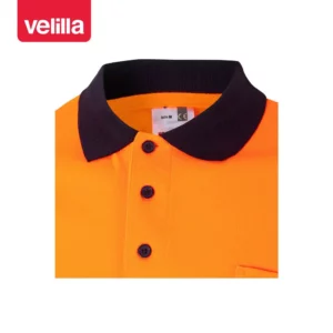 Polo bicolor manga corta Velilla 305513 Azul navy/Naranja flúor, detalle de cuello y botones
