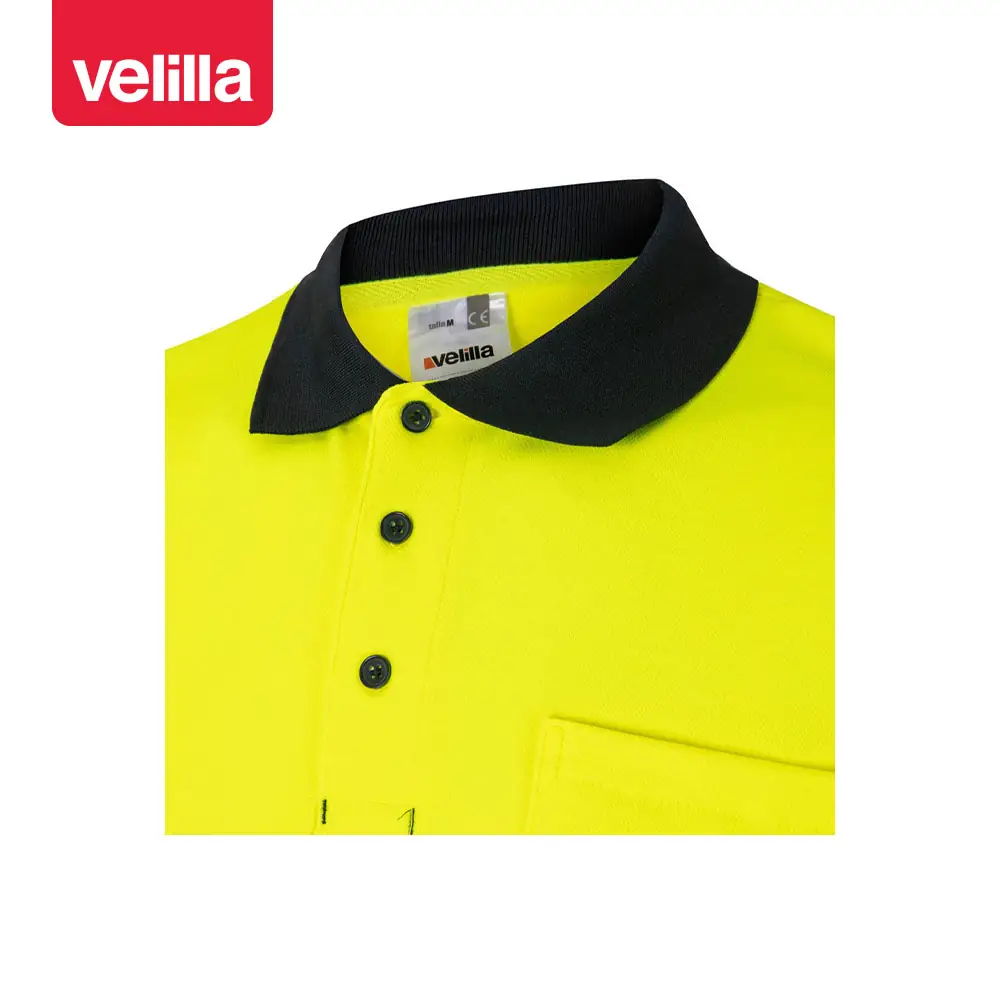 Polo bicolor manga corta Velilla 305513 17 Polo bicolor manga corta Velilla 305513 Azul navy/Amarillo flúor, detalle de cuello y botones