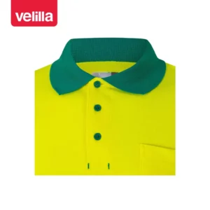 Polo bicolor manga larga Velilla 305515 Verde/Amarillo flúor, detalle de cuello y botones