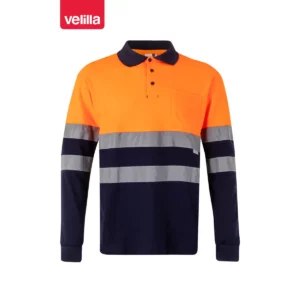 Polo bicolor manga larga Velilla 305515 Azul navy/Naranja flúor, vista frontal