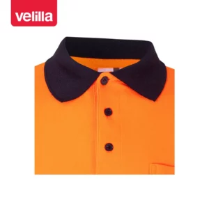 Polo bicolor manga larga Velilla 305515 Azul navy/Naranja flúor, detalle de cuello y botones