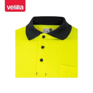 Polo bicolor manga larga Velilla 305515 Azul navy/Amarillo flúor, detalle de cuello y botones