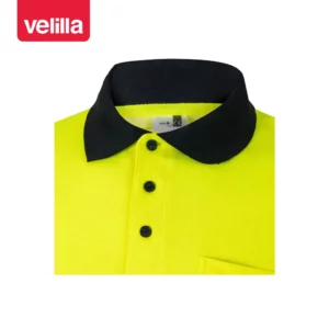 Polo bicolor manga larga Velilla 305525 Azul navy/Amarillo flúor, detalle de cuello y botones