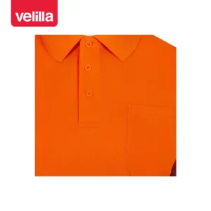Polo reciclado manga corta Velilla 305532 naranja flúor, detalle de cuello y bolsillo de pecho