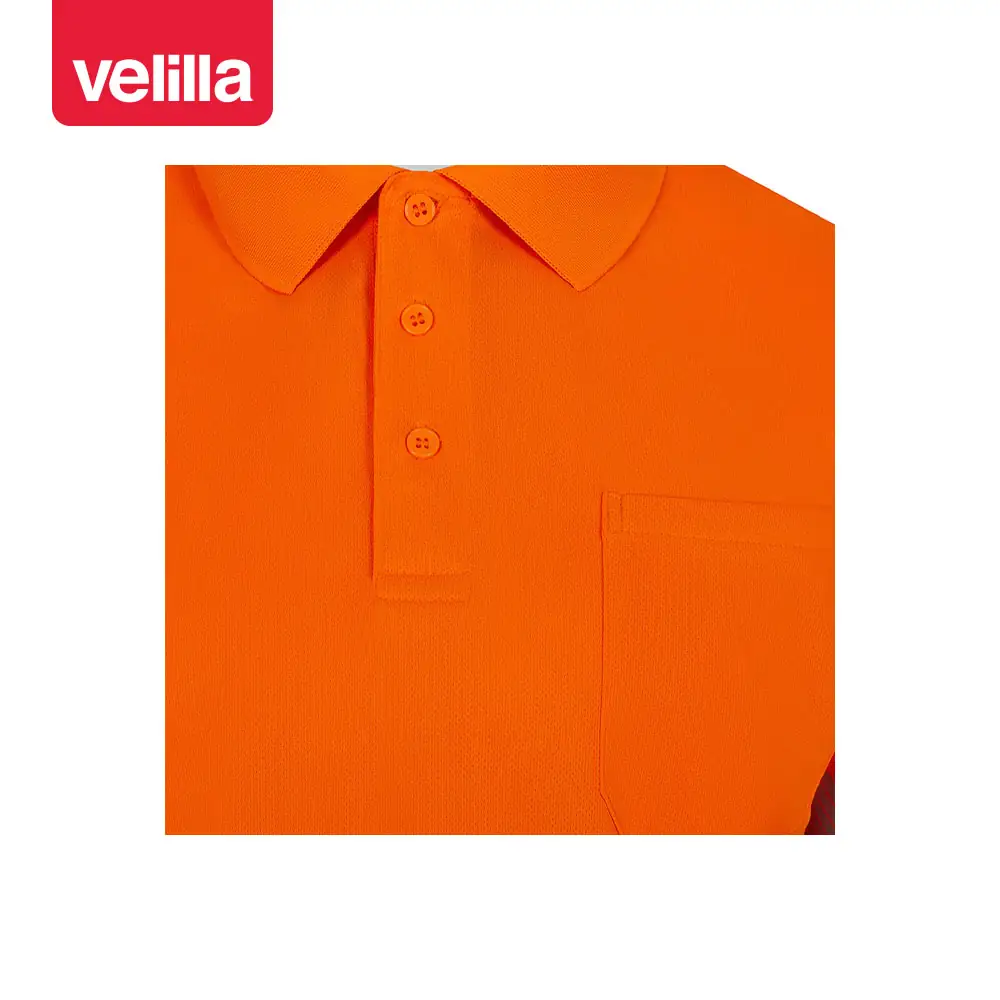 Polo reciclado manga corta Velilla 305532 8 Polo reciclado manga corta Velilla 305532 naranja flúor, detalle de cuello y bolsillo de pecho
