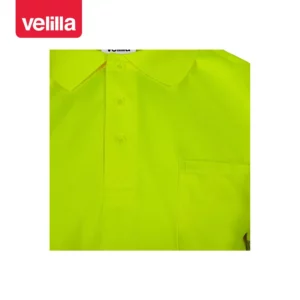 Polo reciclado manga corta Velilla 305532 amarillo flúor, detalle de cuello y bolsillo de pecho