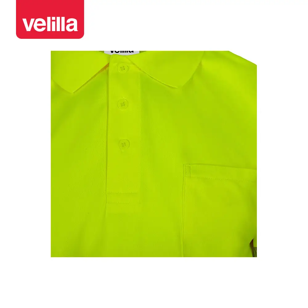 Polo reciclado manga corta Velilla 305532 7 Polo reciclado manga corta Velilla 305532 amarillo flúor, detalle de cuello y bolsillo de pecho