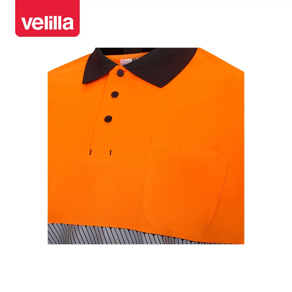 Polo reciclado manga corta Velilla 305533 12 Polo reciclado manga corta Velilla 305533 Negro/Naranja flúor, detalle de cuello, botones y bolsillo de pecho