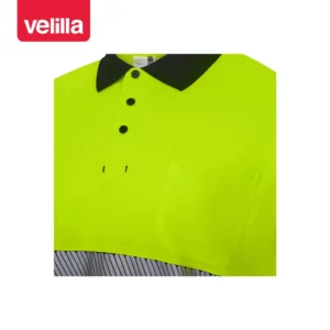 Polo reciclado manga corta Velilla 305533 Negro/Amarillo flúor, detalle de cuello, botones y bolsillo de pecho
