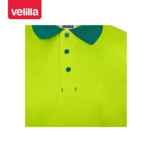 Polo reciclado manga corta Velilla 305533 Verde/Amarillo flúor, detalle de cuello, botones y bolsillo de pecho