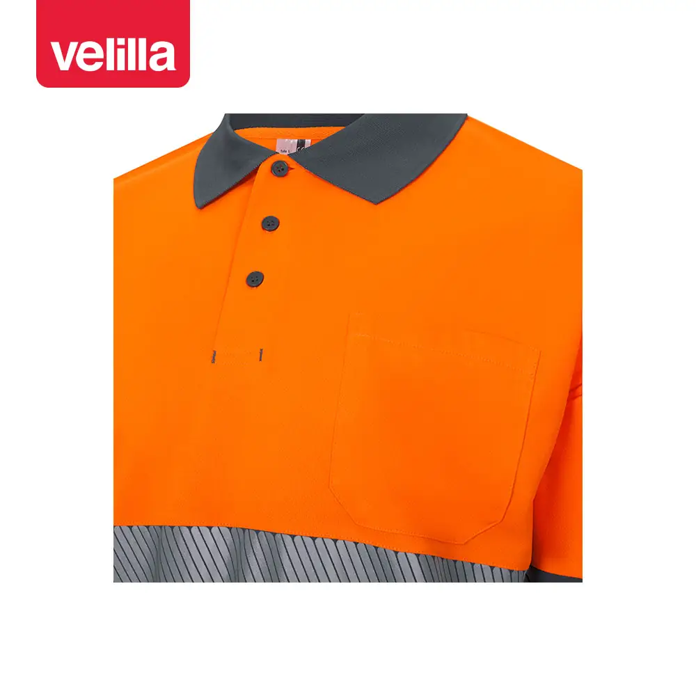 Polo reciclado manga corta Velilla 305533 11 Polo reciclado manga corta Velilla 305533 Gris/Naranja flúor, detalle de cuello, botones y bolsillo de pecho