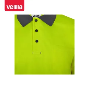 Polo reciclado manga corta Velilla 305533 Gris/Amarillo flúor, detalle de cuello, botones y bolsillo de pecho