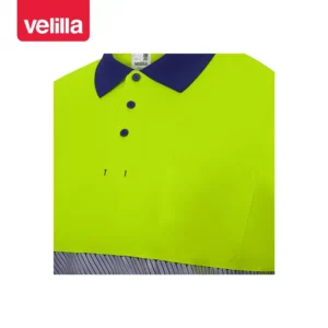 Polo reciclado manga corta Velilla 305533 Azulina/Amarillo flúor, detalle de cuello, botones y bolsillo de pecho