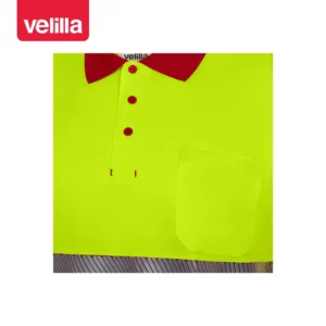 Polo reciclado manga corta Velilla 305533 Rojo/Amarillo flúor, detalle de cuello, botones y bolsillo de pecho