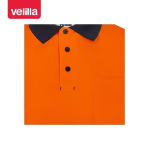 Polo reciclado manga corta Velilla 305533 Azul navy/Naranja flúor, detalle de cuello, botones y bolsillo de pecho