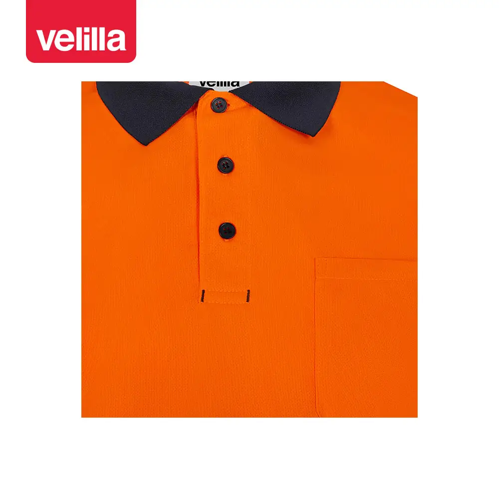 Polo reciclado manga corta Velilla 305533 7 Polo reciclado manga corta Velilla 305533 Azul navy/Naranja flúor, detalle de cuello, botones y bolsillo de pecho