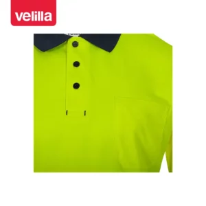 Polo reciclado manga corta Velilla 305533 Azul navy/Amarillo flúor, detalle de cuello, botones y bolsillo de pecho