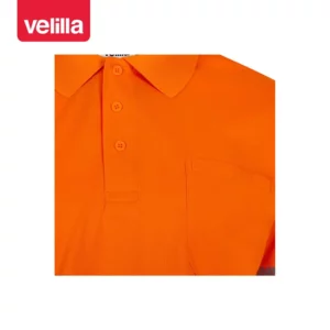 Polo reciclado manga larga Velilla 305534 naranja flúor, detalle de cuello y bolsillo de pecho