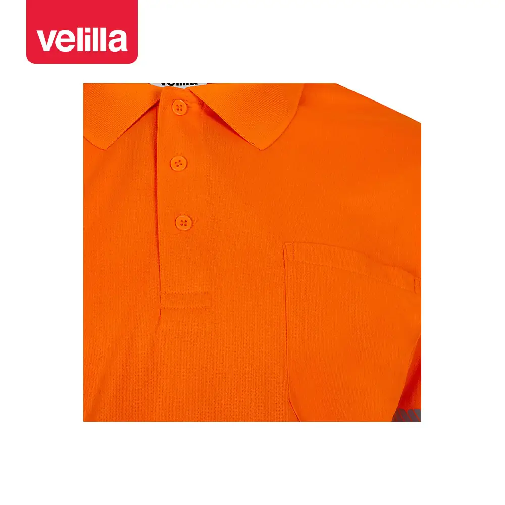 Polo reciclado manga larga Velilla 305534 8 Polo reciclado manga larga Velilla 305534 naranja flúor, detalle de cuello y bolsillo de pecho