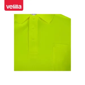 Polo reciclado manga larga Velilla 305534 amarillo flúor, detalle de cuello y bolsillo de pecho