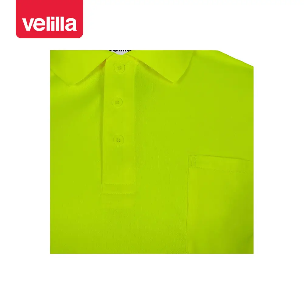 Polo reciclado manga larga Velilla 305534 7 Polo reciclado manga larga Velilla 305534 amarillo flúor, detalle de cuello y bolsillo de pecho