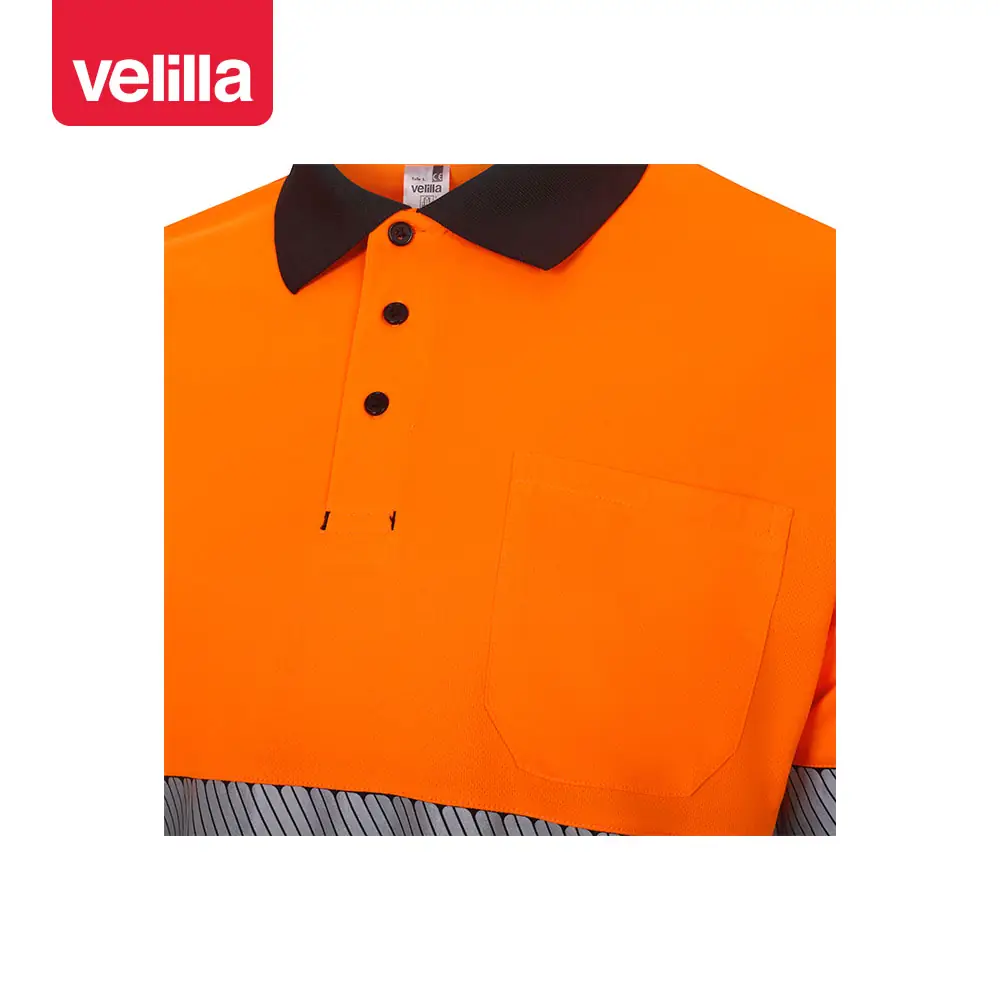 Polo reciclado manga larga Velilla 305535 12 Polo reciclado manga larga Velilla 305535 Negro/Naranja flúor, detalle de cuello, botones y bolsillo de pecho