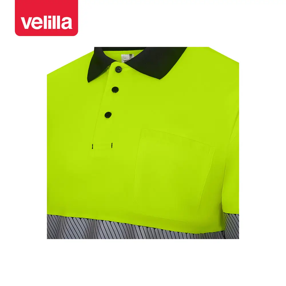 Polo reciclado manga larga Velilla 305535 8 Polo reciclado manga larga Velilla 305535 Negro/Amarillo flúor, detalle de cuello, botones y bolsillo de pecho