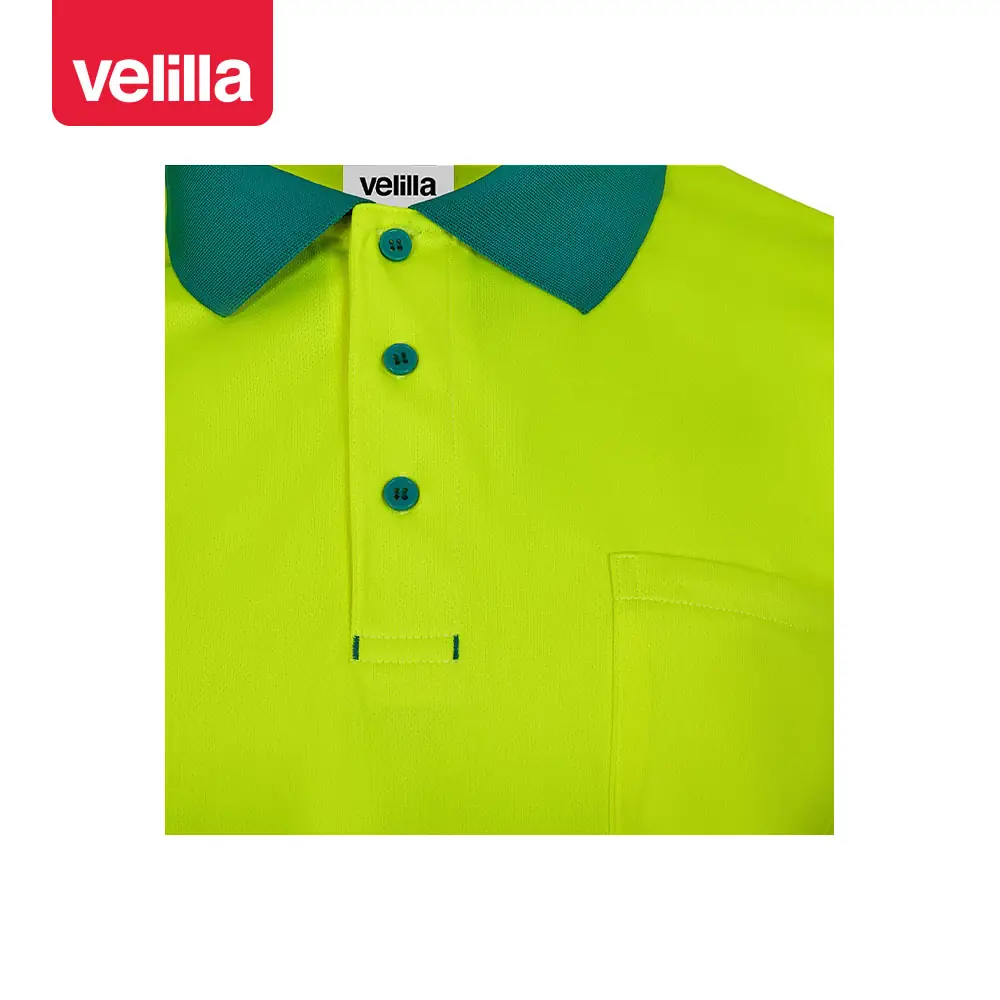 Polo reciclado manga larga Velilla 305535 6 Polo reciclado manga larga Velilla 305535 Verde/Amarillo flúor, detalle de cuello, botones y bolsillo de pecho