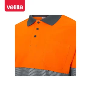 Polo reciclado manga larga Velilla 305535 Gris/Naranja flúor, detalle de cuello, botones y bolsillo de pecho
