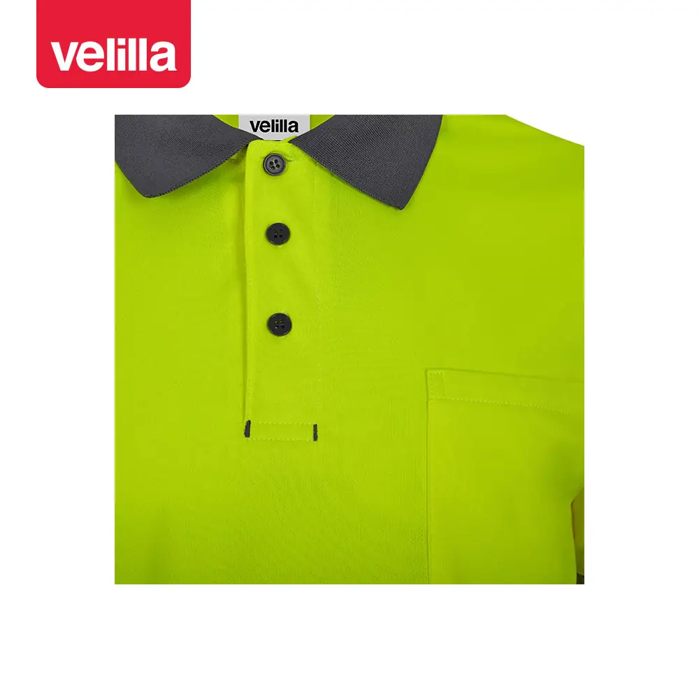 Polo reciclado manga larga Velilla 305535 4 Polo reciclado manga larga Velilla 305535 Gris/Amarillo flúor, detalle de cuello, botones y bolsillo de pecho
