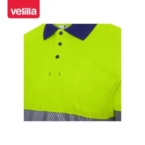 Polo reciclado manga larga Velilla 305535 Azulina/Amarillo flúor, detalle de cuello, botones y bolsillo de pecho