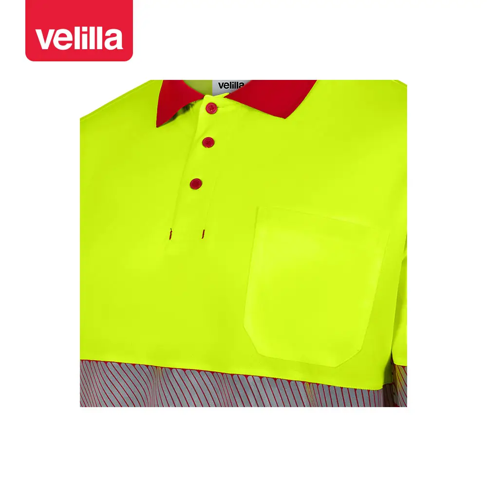 Polo reciclado manga larga Velilla 305535 10 Polo reciclado manga larga Velilla 305535 Rojo/Amarillo flúor, detalle de cuello, botones y bolsillo de pecho