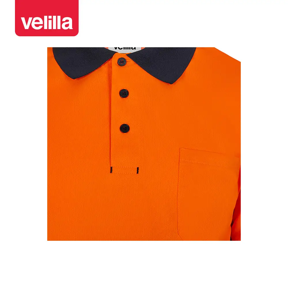 Polo reciclado manga larga Velilla 305535 7 Polo reciclado manga larga Velilla 305535 Azul navy/Naranja flúor, detalle de cuello, botones y bolsillo de pecho