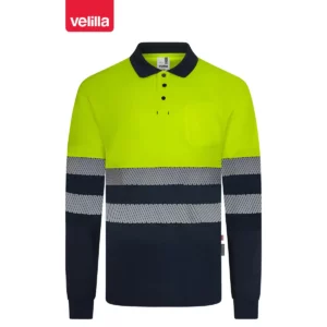 Polo reciclado manga larga Velilla 305535 Azul navy/Amarillo flúor, vista frontal