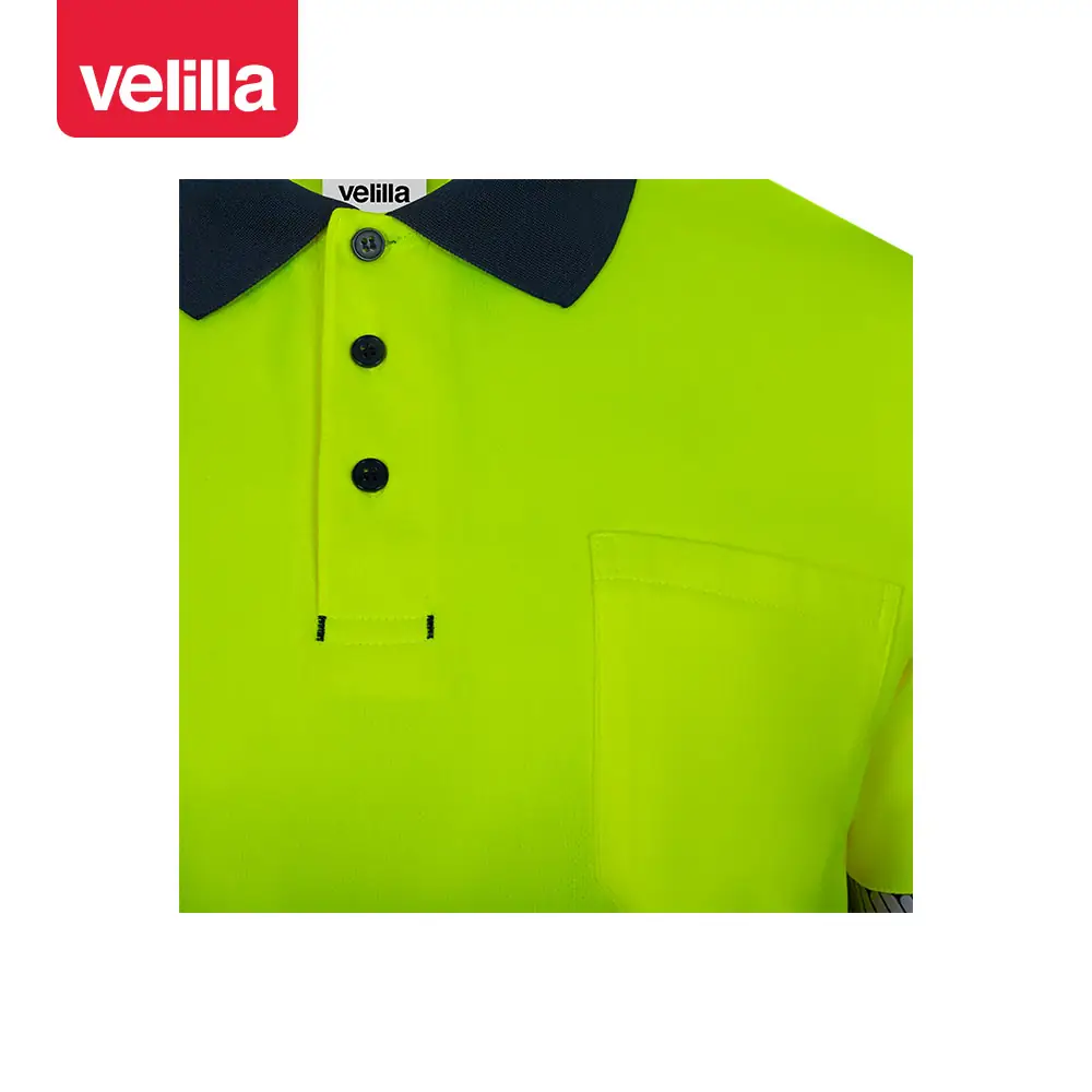Polo reciclado manga larga Velilla 305535 5 Polo reciclado manga larga Velilla 305535 Azul navy/Amarillo flúor, detalle de cuello, botones y bolsillo de pecho