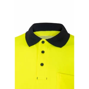 Polo bicolor manga corta Velilla 305543 Azul navy/Amarillo flúor, detalle de cuello y bolsillo
