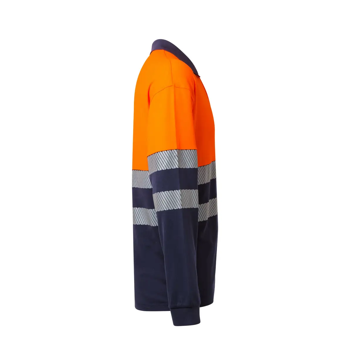 Polo bicolor manga larga Velilla 305545 13 Polo bicolor manga larga Velilla 305545 Azul navy/Naranja flúor, vista lateral opuesta