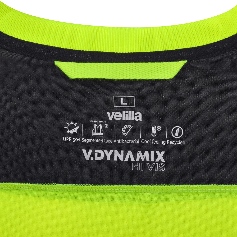 Camiseta técnica Velilla 305630 V.Dynamix Hi Vis 18 Camiseta técnica Velilla 305630 V.Dynamix Hi Vis Negro/Amarillo flúor, detalle de interior del cuello y colgador