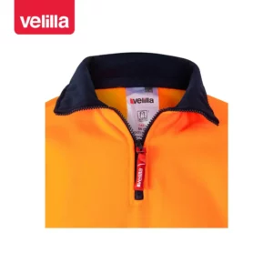 Sudadera bicolor Velilla 305703 con media cremallera Azul navy/Naranja flúor, detalle de cuello y cremallera