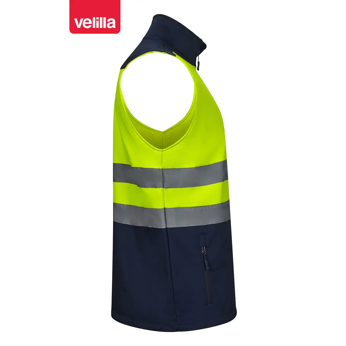 Chaleco soft shell bicolor Velilla 305906 7 Chaleco soft shell bicolor Velilla 305906 Azul navy/Amarillo flúor, vista lateral opuesto