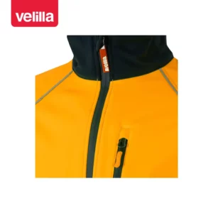 Cazadora softshell bicolor Velilla 306001 Azul marino/Naranja flúor, detalle de cuello y cremallera