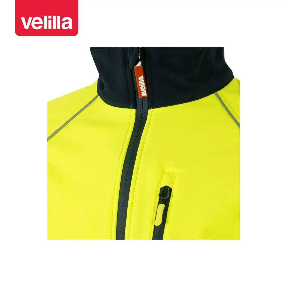 Cazadora softshell bicolor Velilla 306001 7 Cazadora softshell bicolor Velilla 306001 Azul marino/Amarillo flúor, detalle de cuello y cremallera