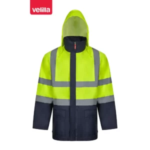 Parka 4 en 1 bicolor Velilla 306003 Azul marino/Amarillo flúor, vista frontal con capucha desplegada