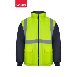 Parka 4 en 1 bicolor Velilla 306003 Azul marino/Amarillo flúor, vista frontal de la prenda interior con cuello levantado