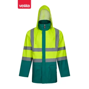 Parka 4 en 1 bicolor Velilla 306003 Verde/Amarillo flúor, vista frontal con capucha desplegada