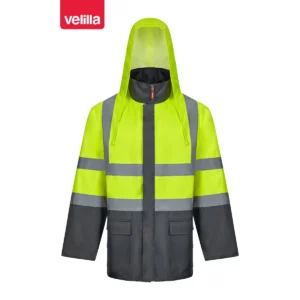 Parka 4 en 1 bicolor Velilla 306003 Gris/Amarillo flúor, vista frontal con capucha desplegada