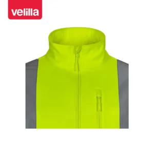 Cazadora softshell alta visibilidad Velilla 306005 amarillo flúor, detalle de cuello y bolsillo de pecho